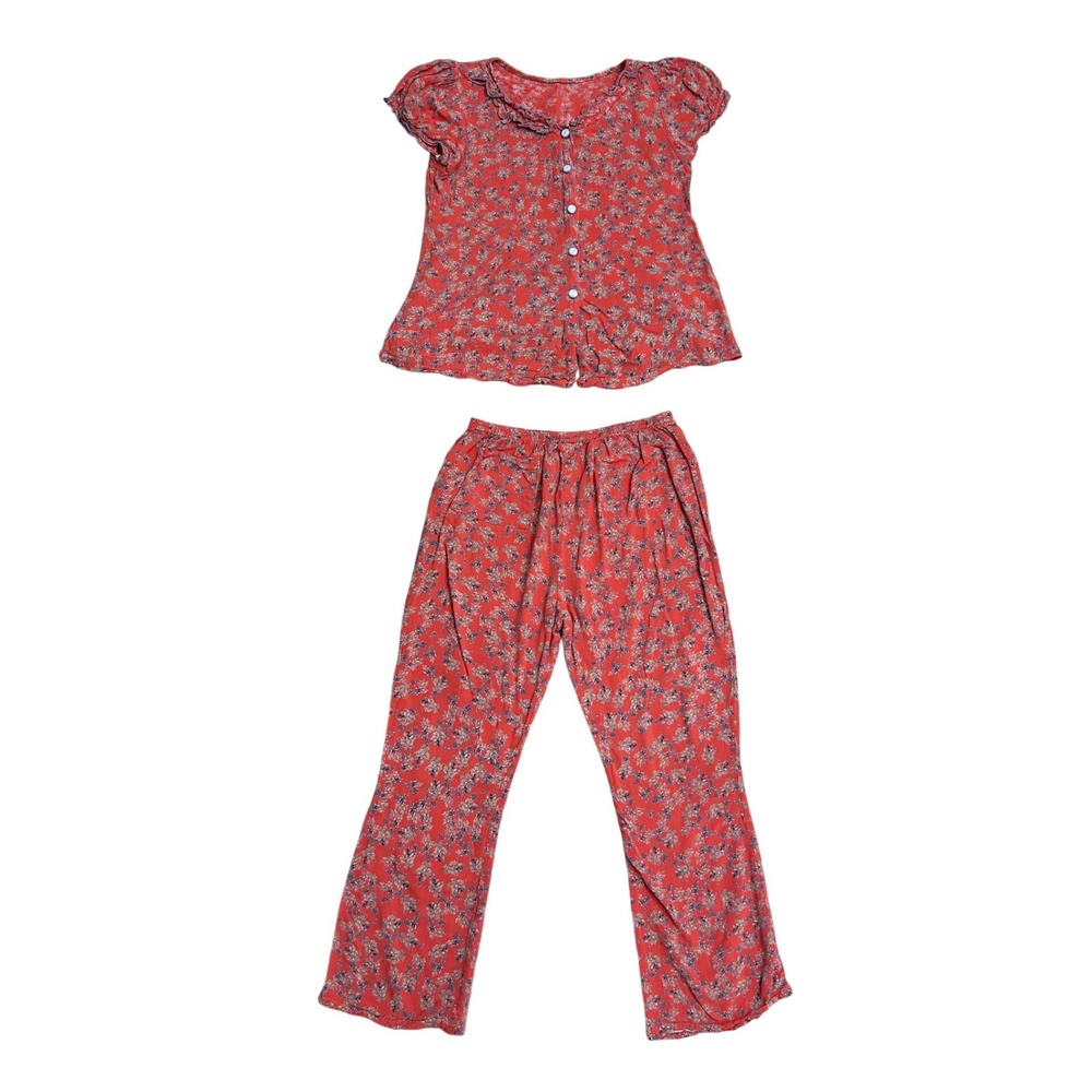 Vintage Handmade Red Floral 2 Piece Set‎ Ruffle Top Pants Small cottage